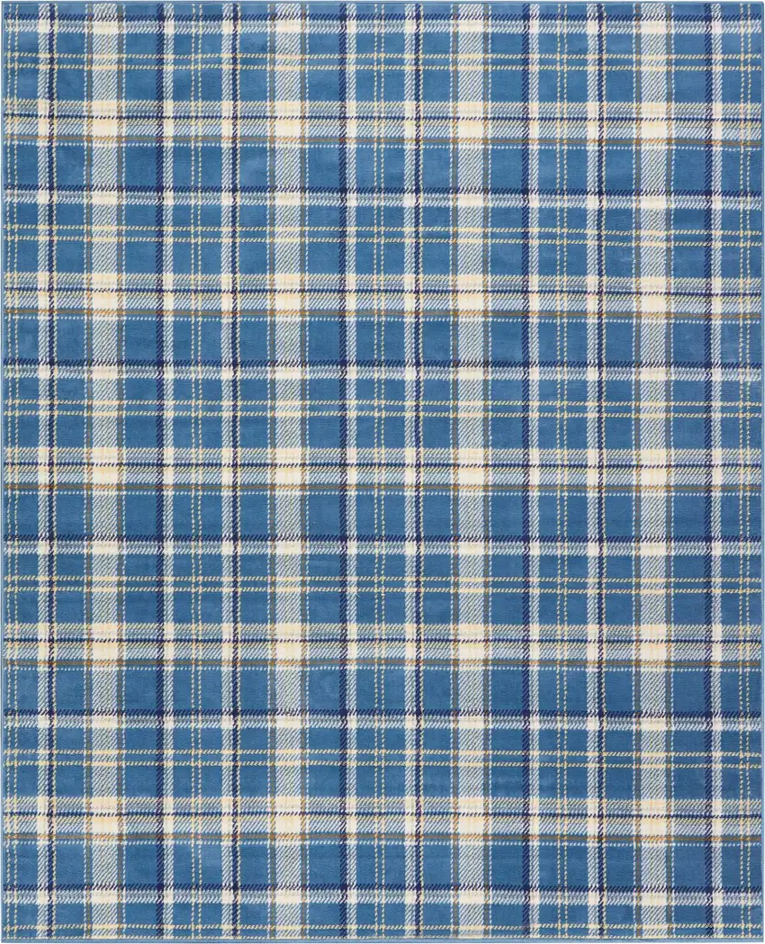 Blue and Beige Plaid Power Loom Area Rug Photo 6