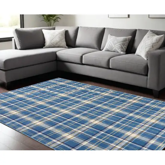 Blue and Beige Plaid Power Loom Area Rug Photo 1