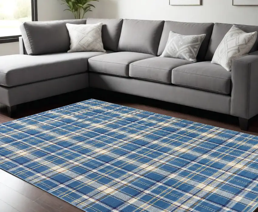 Blue and Beige Plaid Power Loom Area Rug Photo 1
