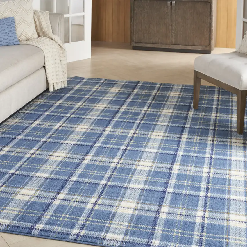 Blue and Beige Plaid Power Loom Area Rug Photo 4