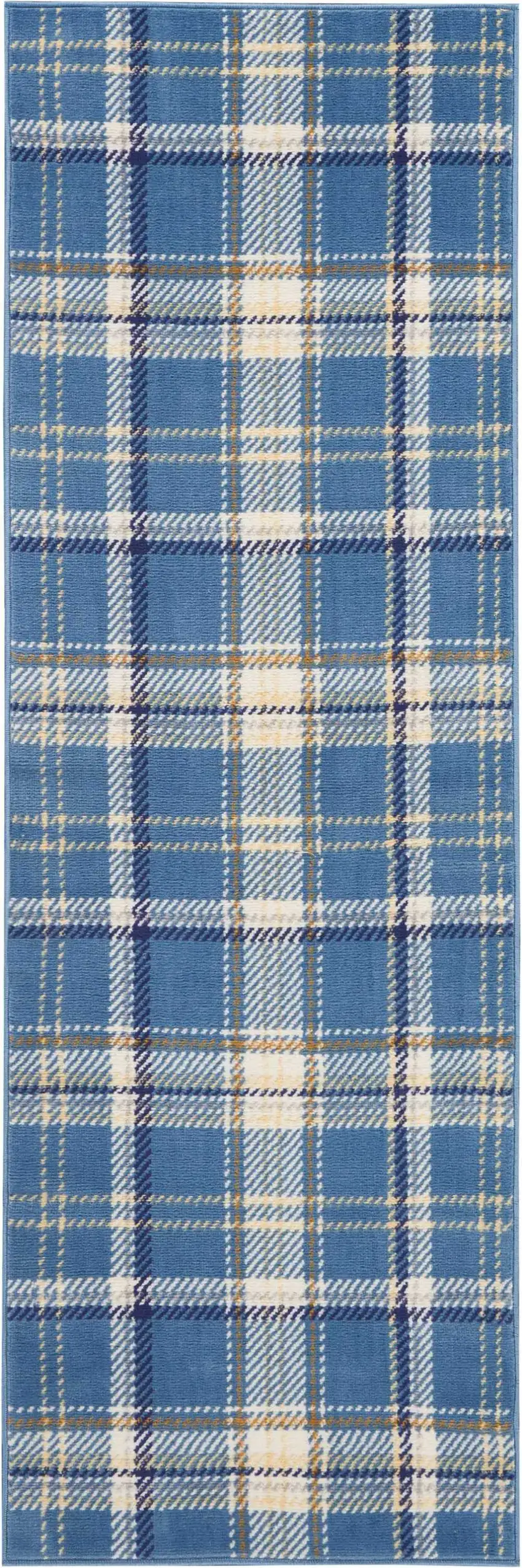 Blue and Beige Plaid Power Loom Runner Rug Photo 2