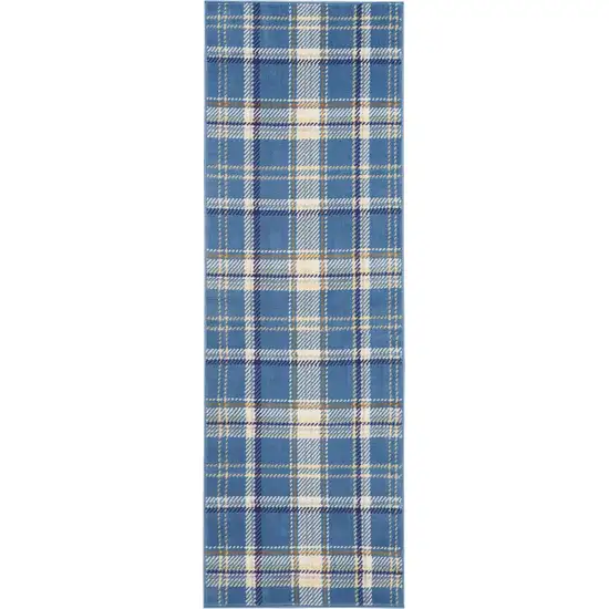 Blue and Beige Plaid Power Loom Runner Rug Photo 2