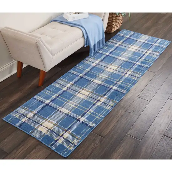 8' Blue And Beige Plaid Runner Rug Photo 5