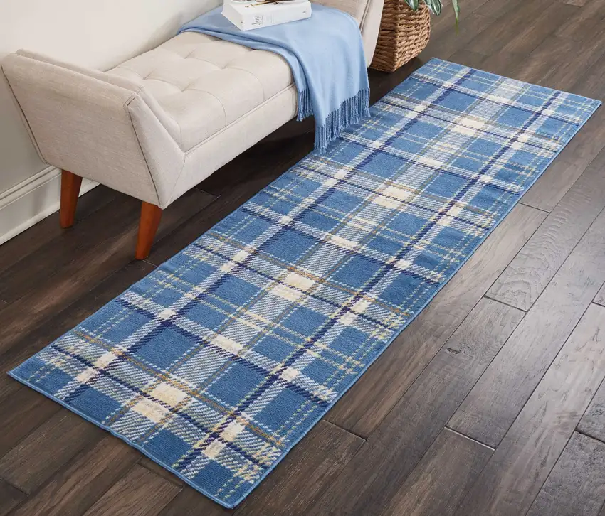 8' Blue And Beige Plaid Runner Rug Photo 5
