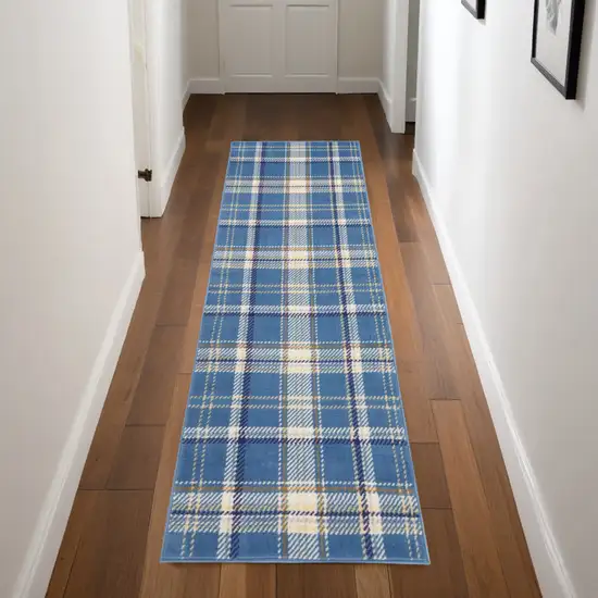 Blue and Beige Plaid Power Loom Runner Rug Photo 1