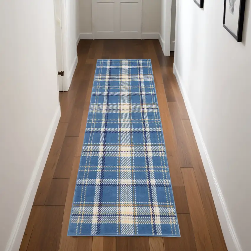 Blue and Beige Plaid Power Loom Runner Rug Photo 1