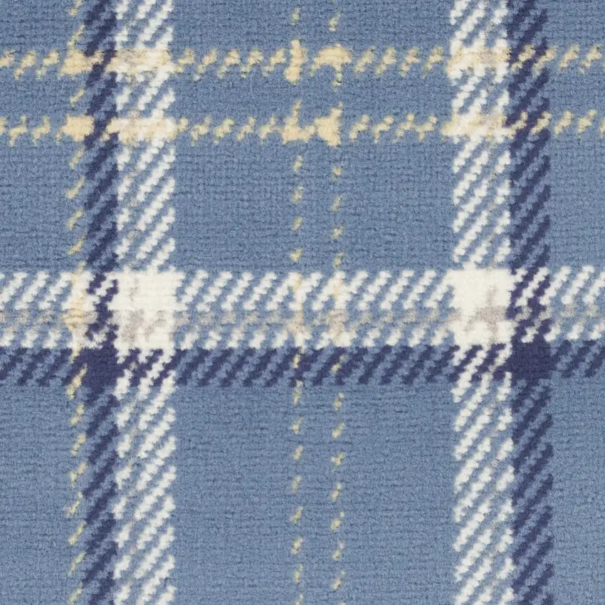 Blue and Beige Plaid Power Loom Runner Rug Photo 4