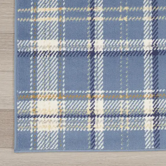 8' Blue And Beige Plaid Runner Rug Photo 8