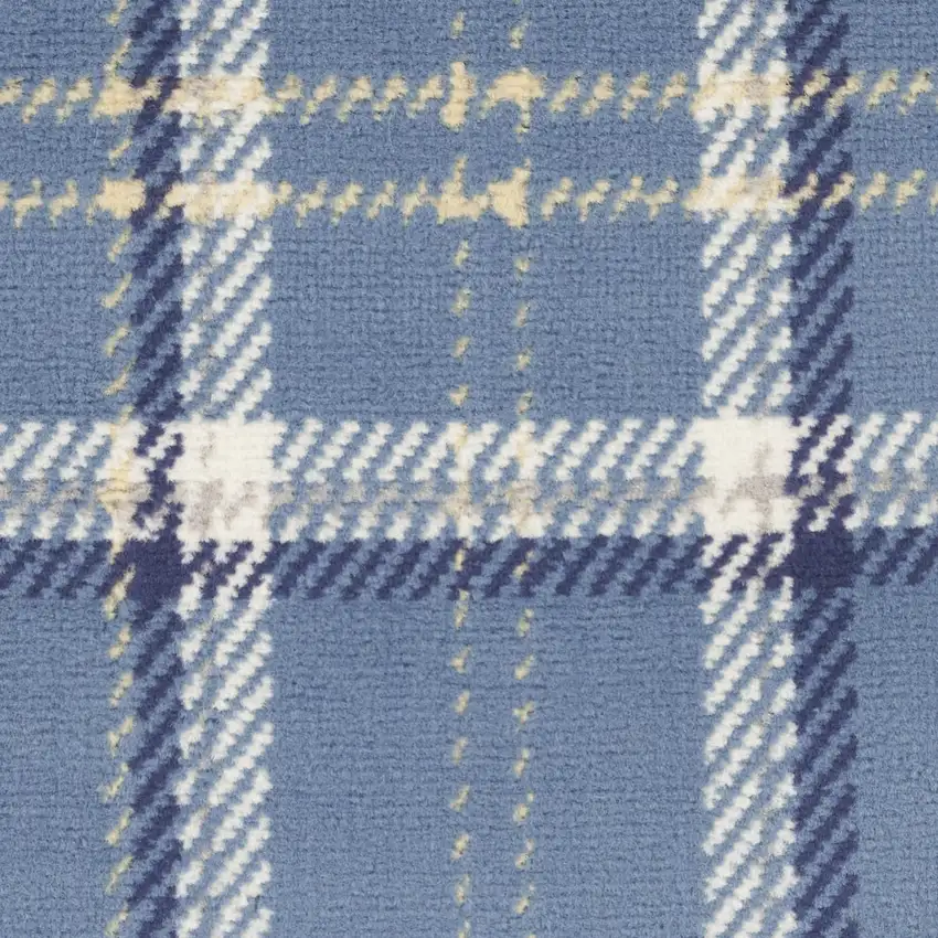 8' Blue And Beige Plaid Runner Rug Photo 9
