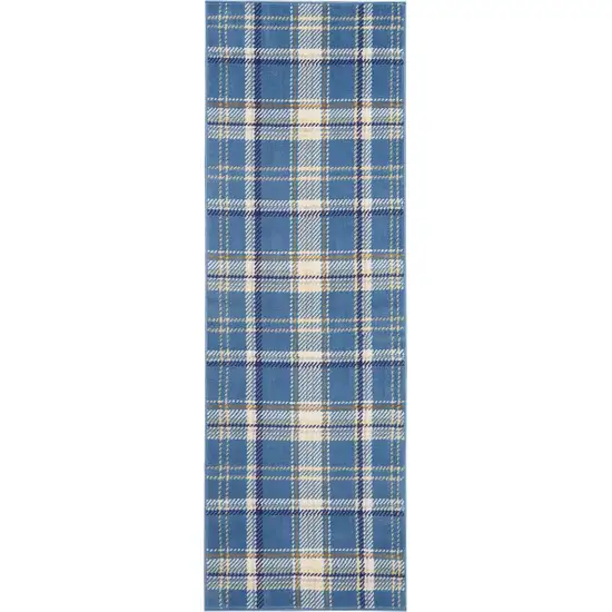 8' Blue And Beige Plaid Runner Rug Photo 9