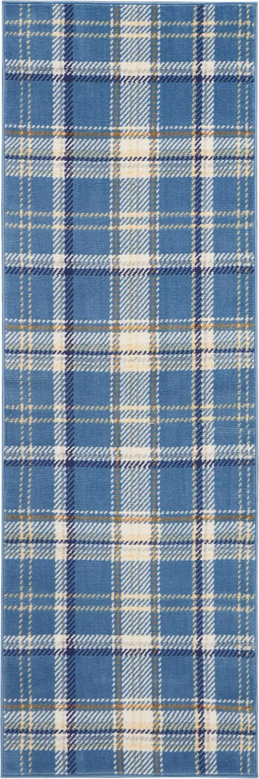 8' Blue And Beige Plaid Runner Rug Photo 9