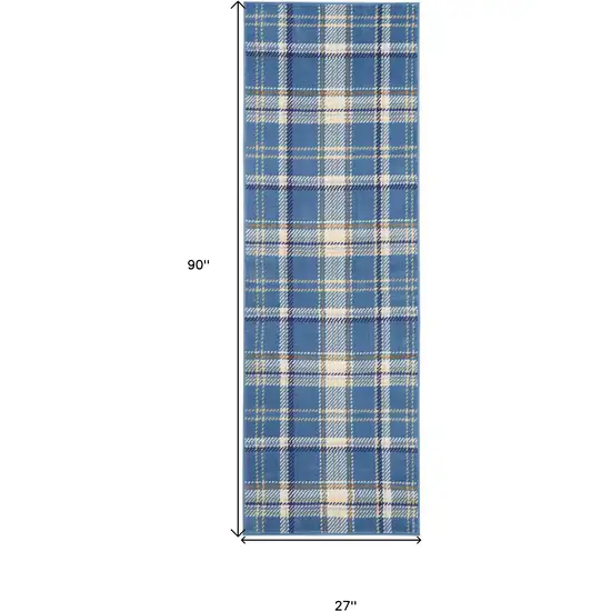 Blue and Beige Plaid Power Loom Runner Rug Photo 3