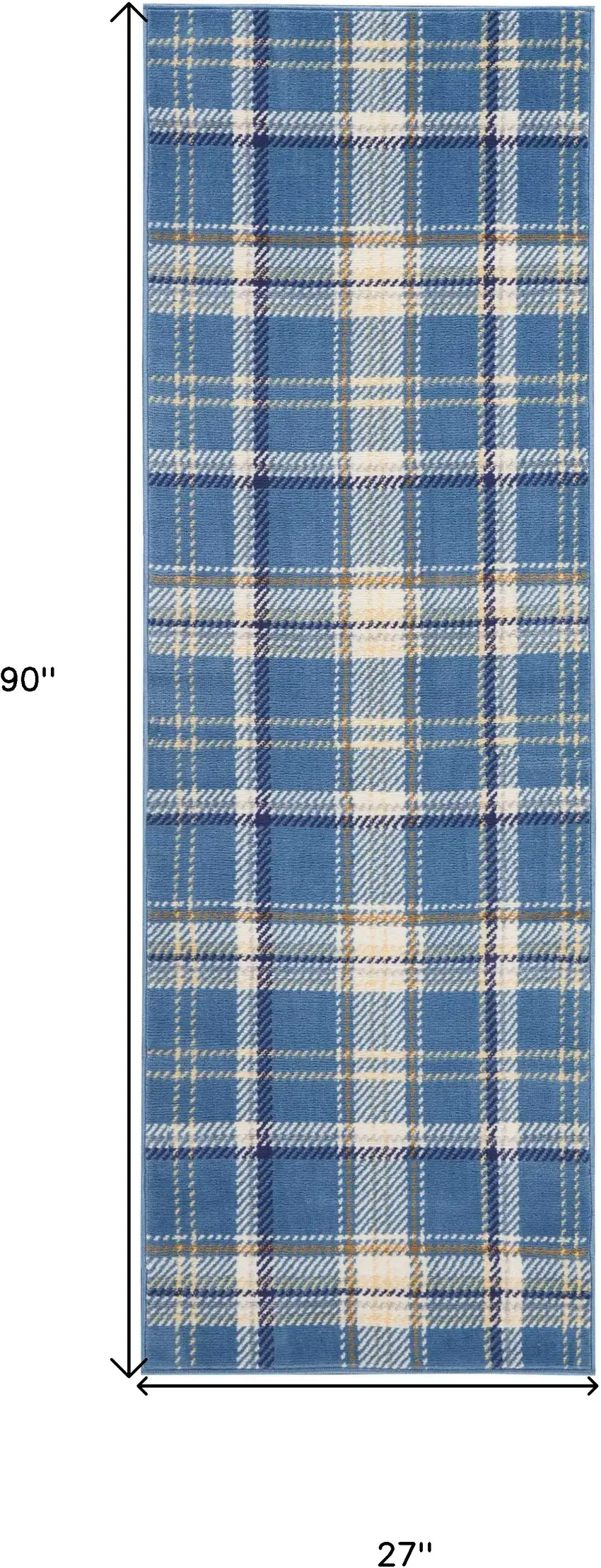 Blue and Beige Plaid Power Loom Runner Rug Photo 3