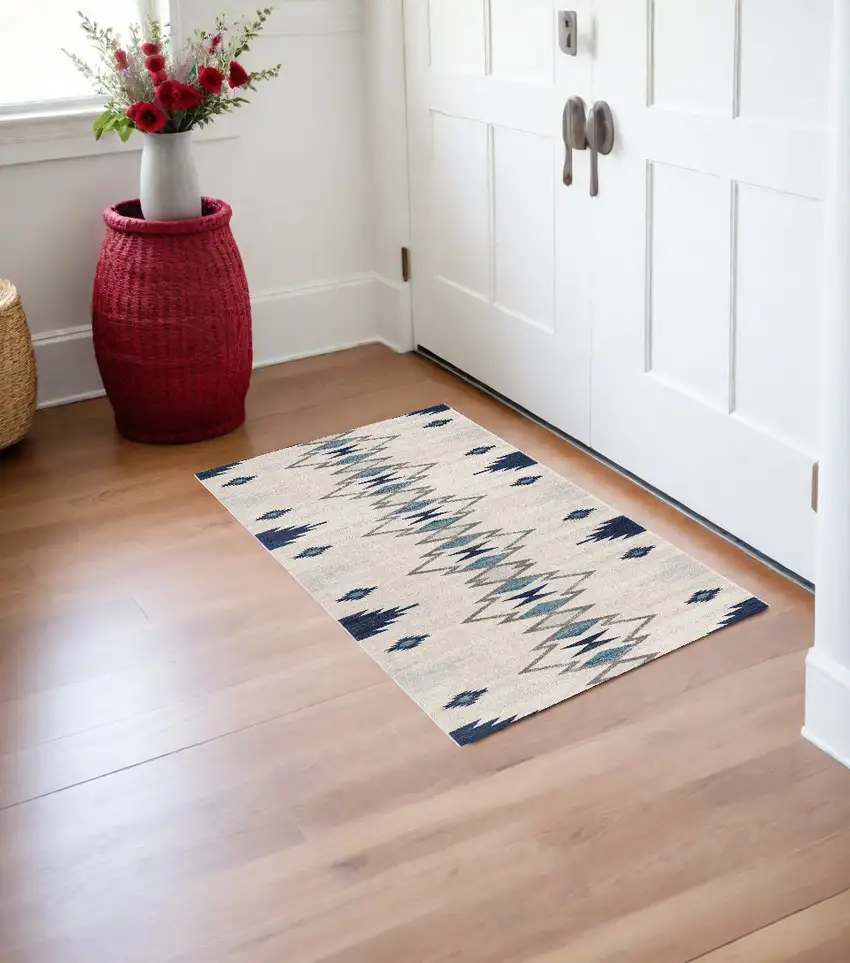 Blue and Beige Southwestern Non Skid Area Rug Photo 1