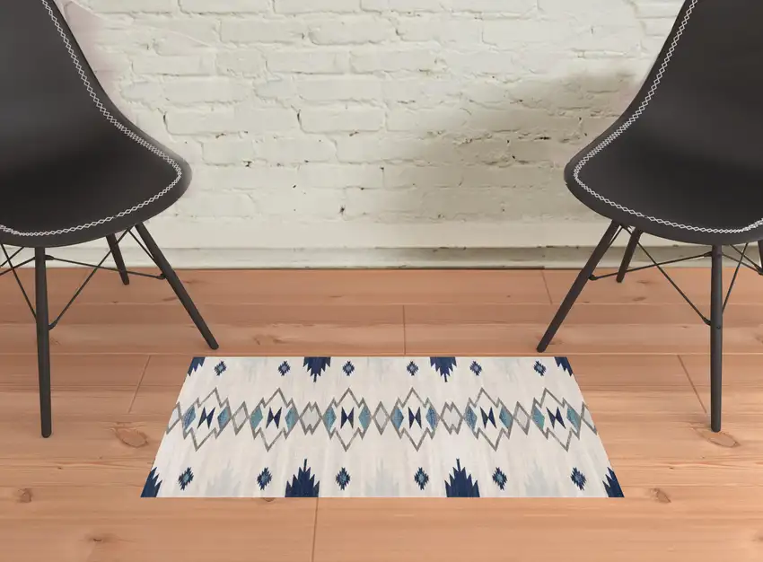 Blue and Beige Southwestern Non Skid Area Rug Photo 2