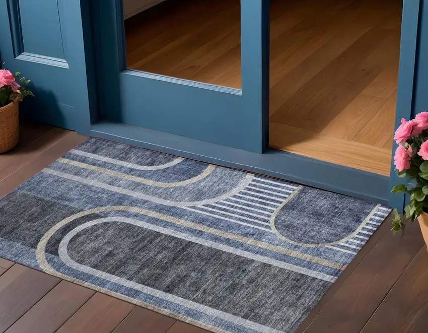 Blue and Black Abstract Washable Indoor Outdoor Area Rug Photo 1