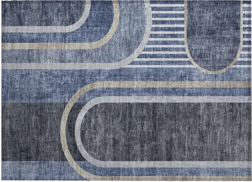 Blue and Black Abstract Washable Indoor Outdoor Area Rug Photo 2