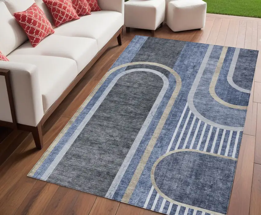 Blue and Black Abstract Washable Indoor Outdoor Area Rug Photo 1