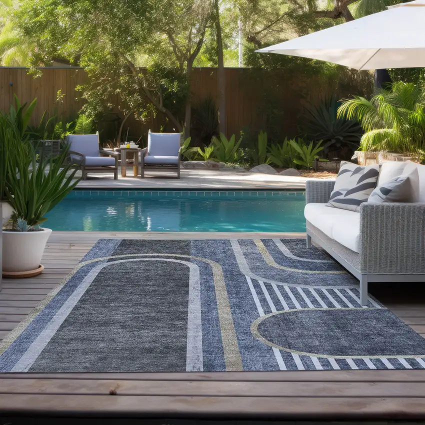 Blue and Black Abstract Washable Non Skid Indoor Outdoor Area Rug Photo 9