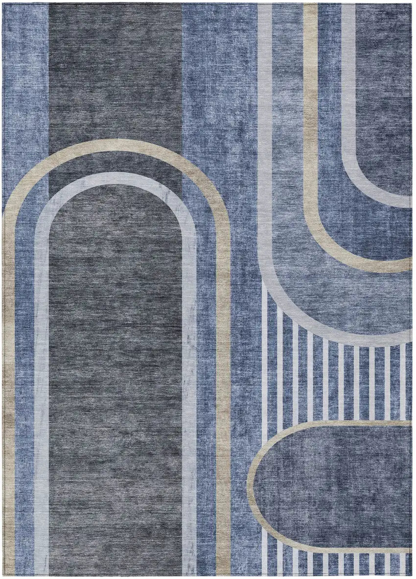 Blue and Black Abstract Washable Indoor Outdoor Area Rug Photo 2