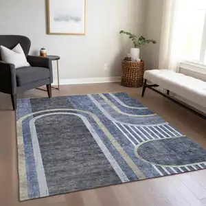 Photo of Blue and Black Abstract Washable Non Skid Indoor Outdoor Area Rug