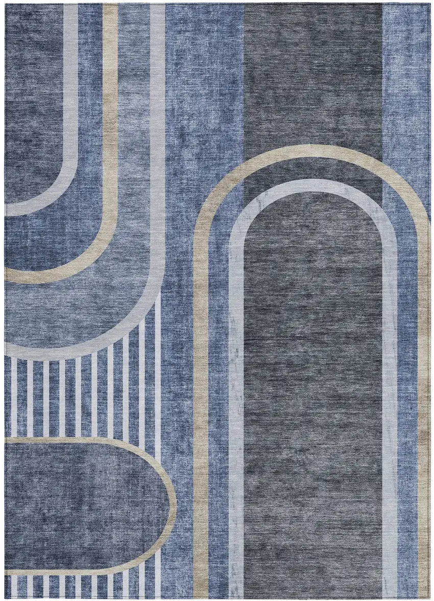 Blue and Black Abstract Washable Non Skid Indoor Outdoor Area Rug Photo 3