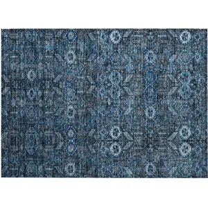 Photo of Blue and Black Floral Washable Non Skid Indoor Outdoor Area Rug