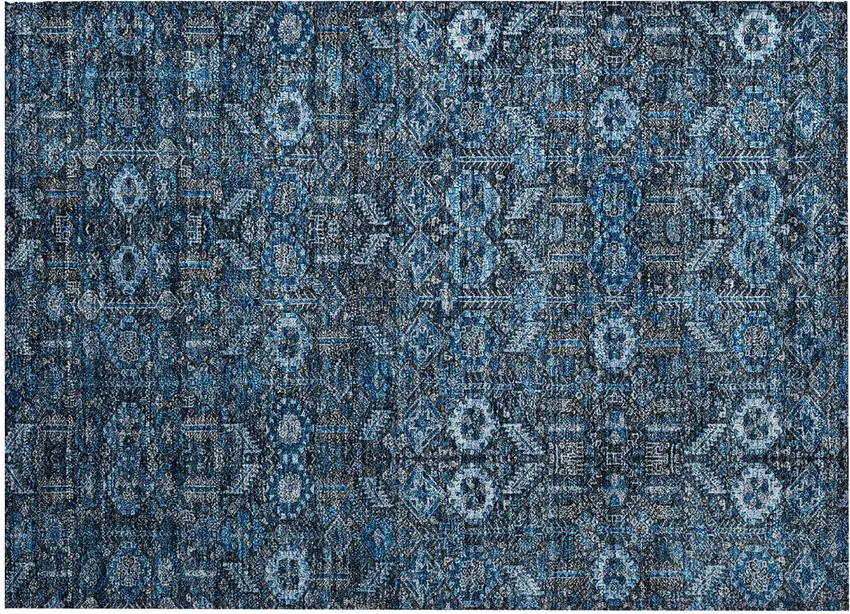 Blue and Black Floral Washable Non Skid Indoor Outdoor Area Rug Photo 2