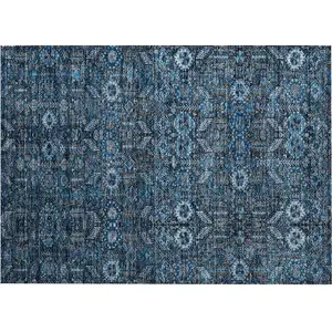 Photo of Blue and Black Floral Washable Non Skid Indoor Outdoor Area Rug