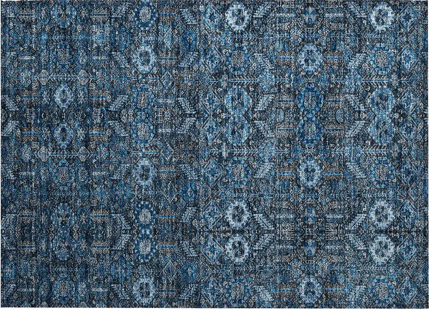 Blue and Black Floral Washable Non Skid Indoor Outdoor Area Rug Photo 2