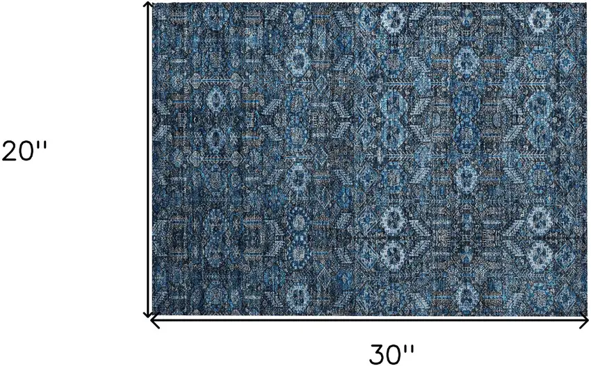 Blue and Black Floral Washable Non Skid Indoor Outdoor Area Rug Photo 3