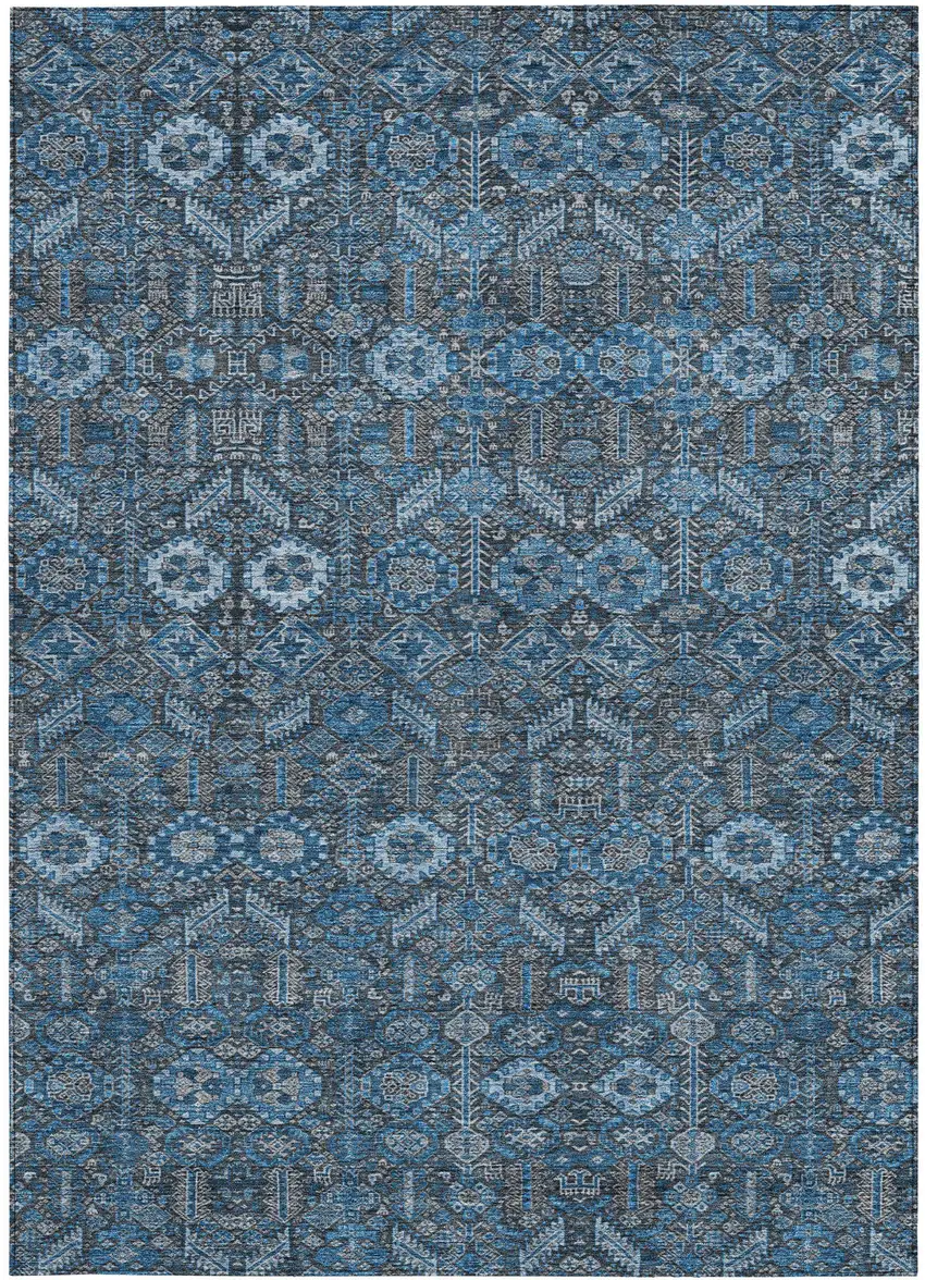 Blue and Black Floral Washable Non Skid Indoor Outdoor Area Rug Photo 4