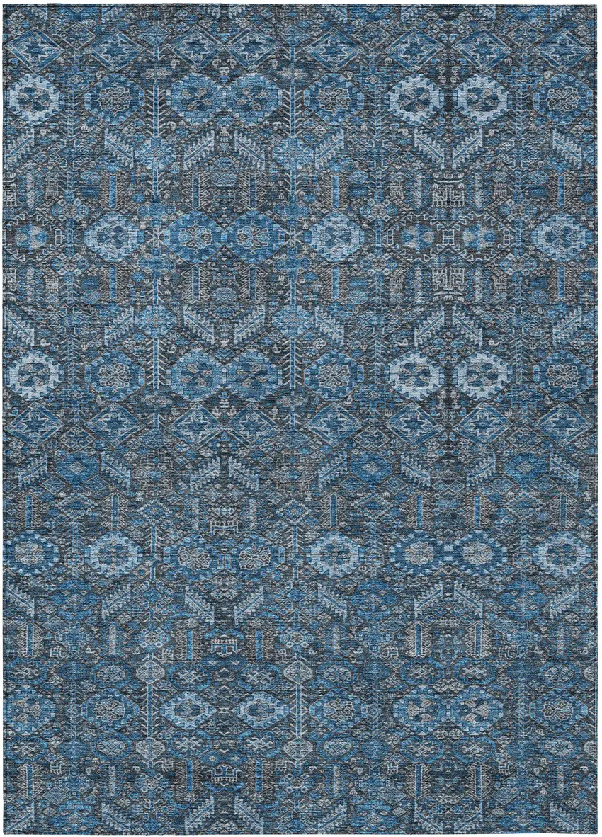 Blue and Black Floral Washable Non Skid Indoor Outdoor Area Rug Photo 2