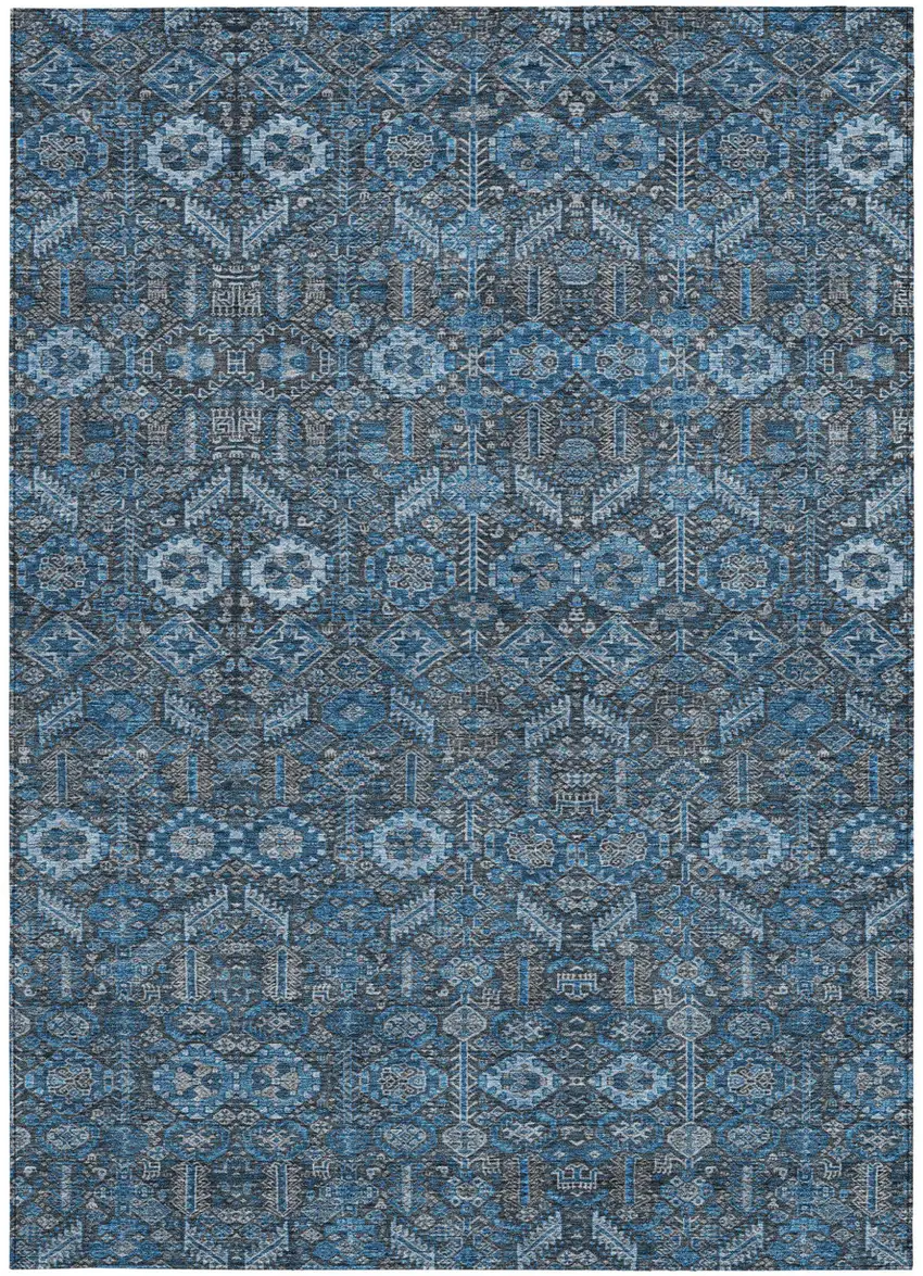 Blue and Black Floral Washable Non Skid Indoor Outdoor Area Rug Photo 4