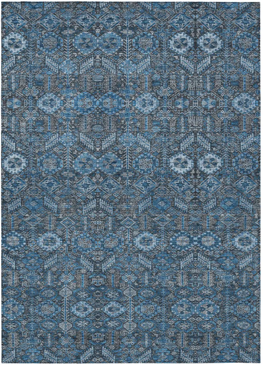 Blue and Black Floral Washable Non Skid Indoor Outdoor Area Rug Photo 2