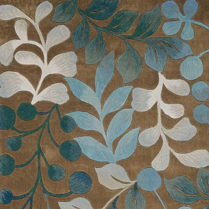 Blue and Brown Botanical Leaves Area Rug Photo 5