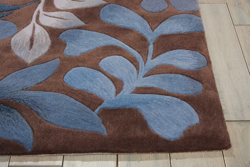 Blue and Brown Botanical Leaves Area Rug Photo 9