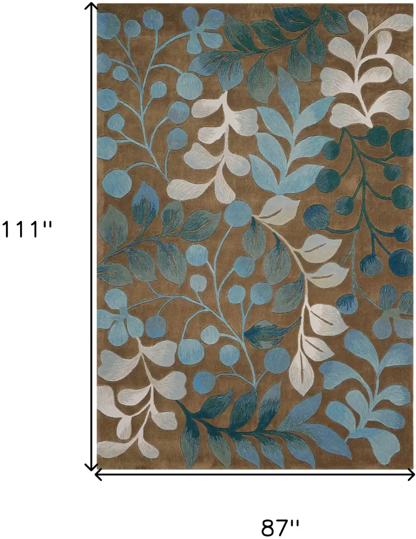 Blue and Brown Botanical Leaves Area Rug Photo 3