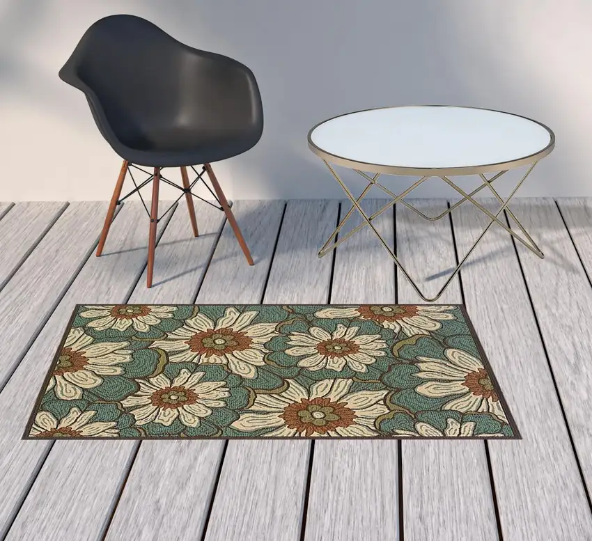 Blue and Brown Floral Indoor Outdoor Area Rug Photo 5