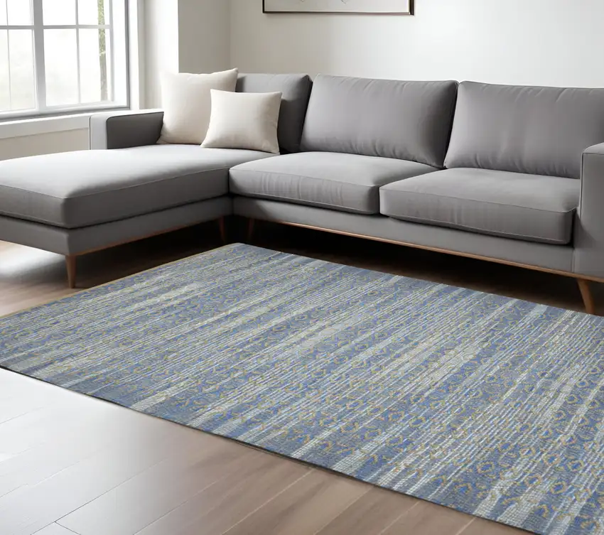 Tan and Blue Geometric Flatweave Handmade Area Rug Photo 1