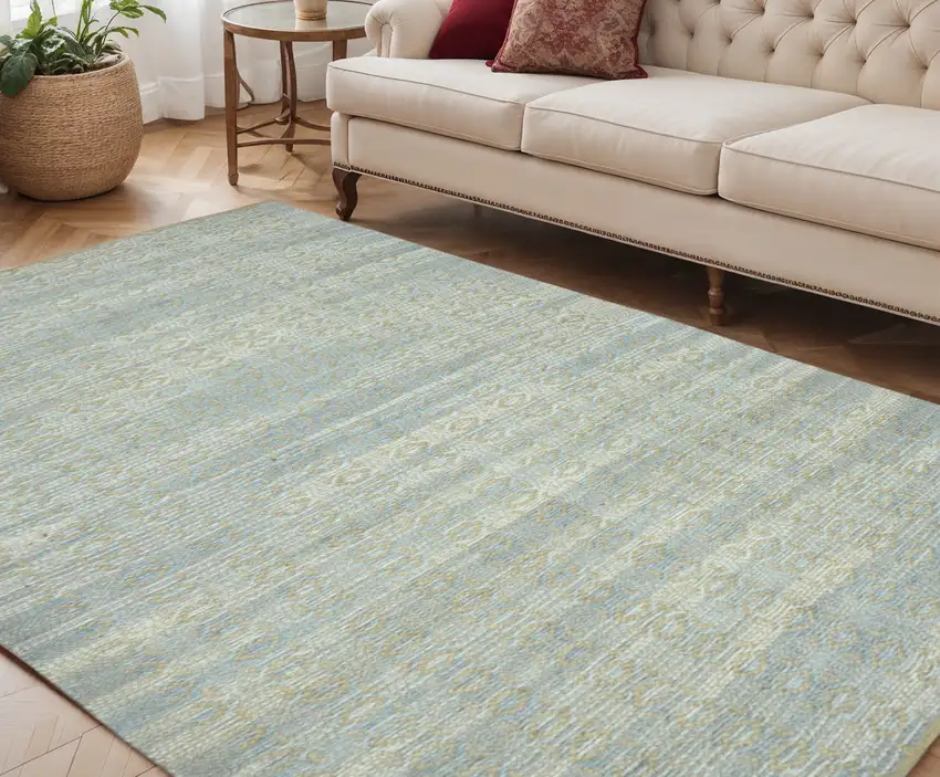 Light Blue and Tan Geometric Flatweave Handmade Area Rug Photo 1