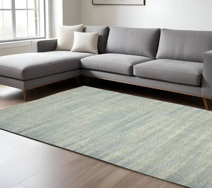 Light Blue and Tan Geometric Flatweave Handmade Area Rug Photo 1
