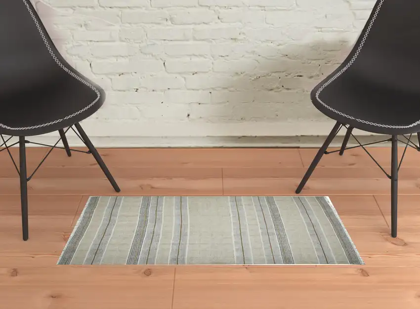 Blue and Brown Geometric Flatweave Handmade Distressed Area Rug with Fringe Photo 3