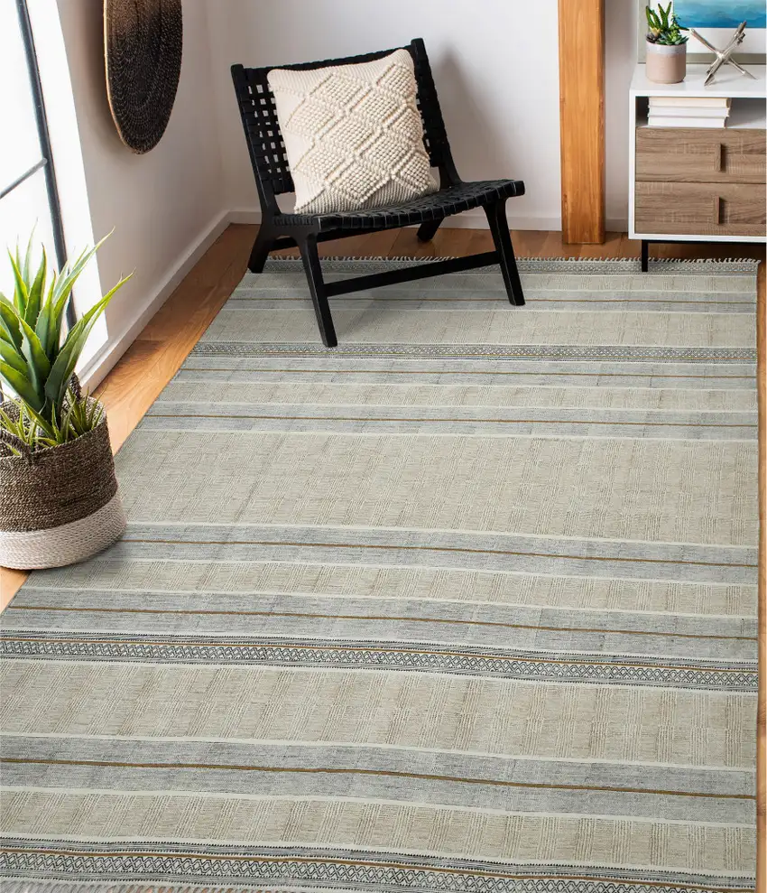 Blue and Brown Geometric Flatweave Handmade Distressed Area Rug with Fringe Photo 6