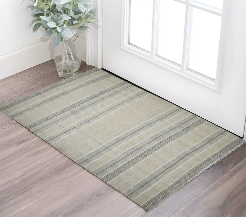 Ivory Black and Brown Geometric Flatweave Handmade Worn Faded Area Rug With Fringe Photo 1