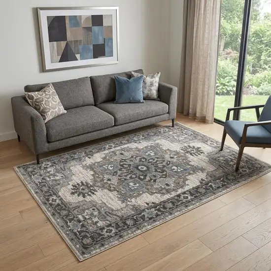 Ivory Taupe and Gray Medallion Power Loom Area Rug Photo 1