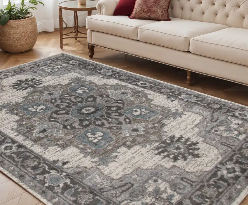 Ivory Taupe and Gray Medallion Power Loom Area Rug Photo 1