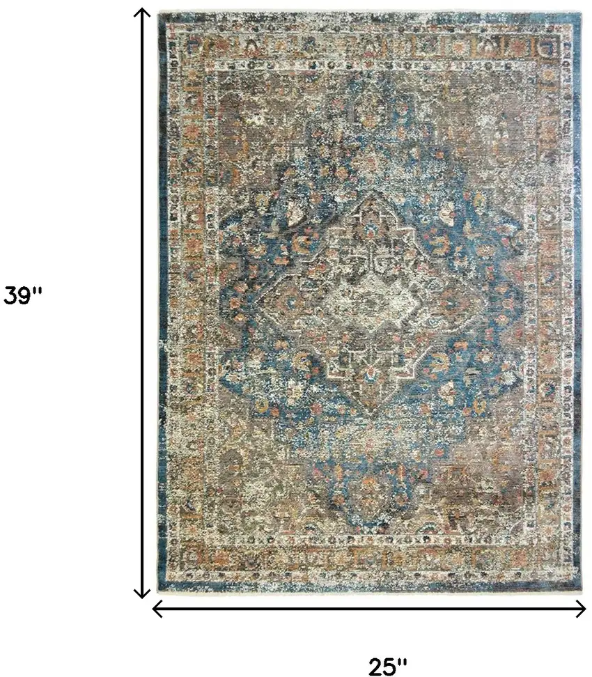 Blue and Brown Oriental Distressed Area Rug With Fringe Photo 5