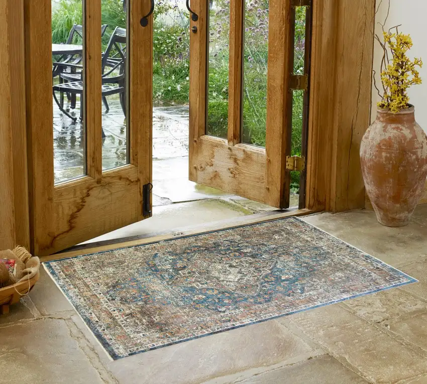 Blue and Brown Oriental Distressed Area Rug With Fringe Photo 1