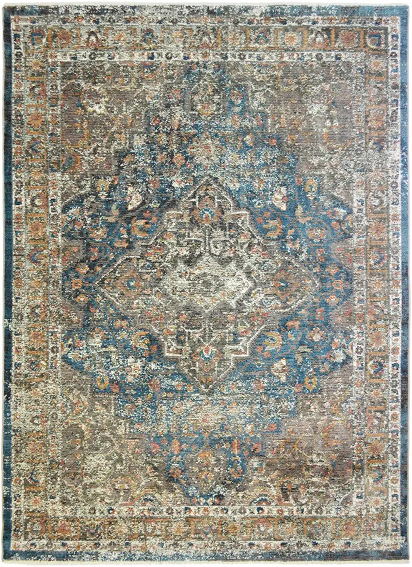 Blue and Brown Oriental Distressed Area Rug With Fringe Photo 2